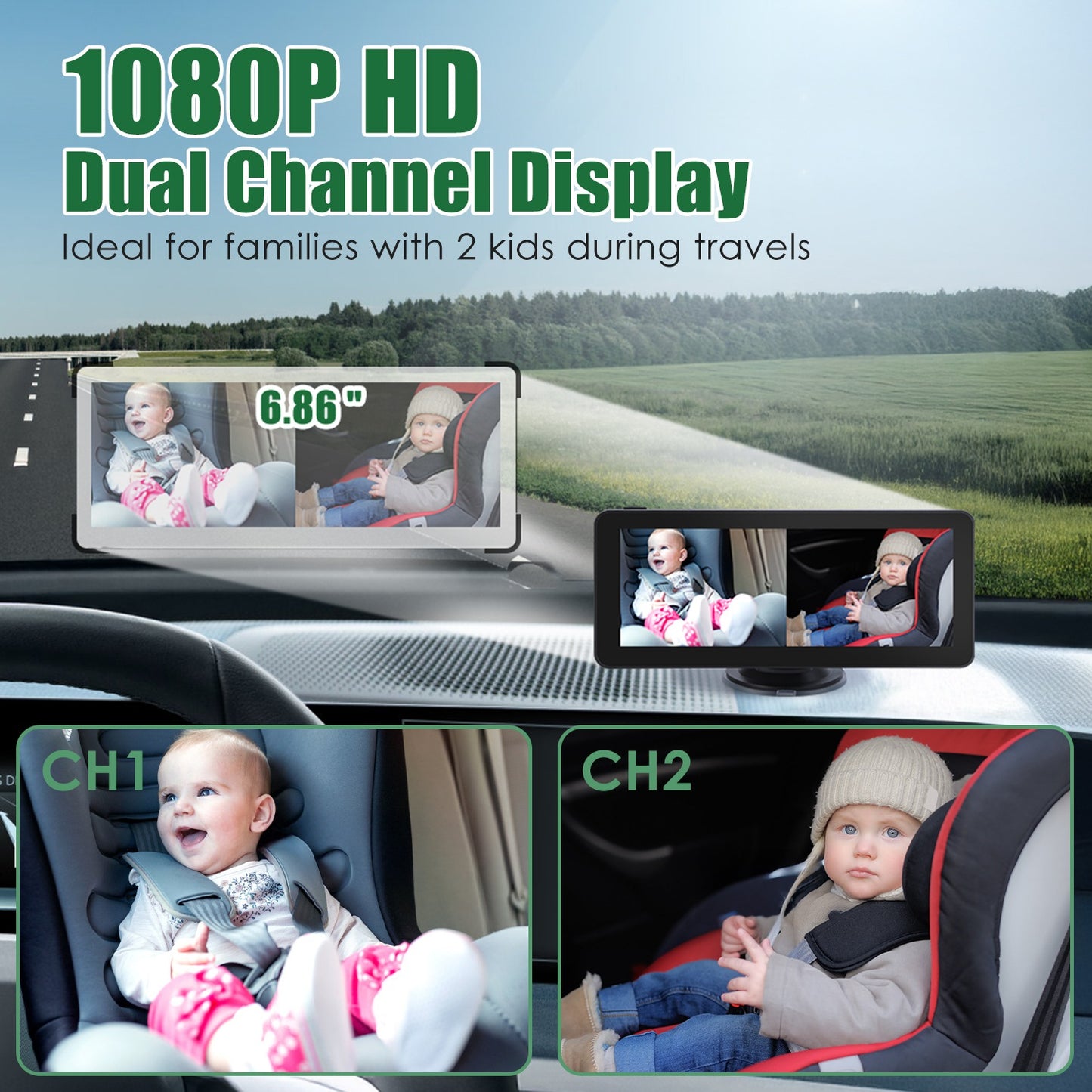 Baby & Pet Car Monitor — 6.86" HD Split Screen with Night Vision